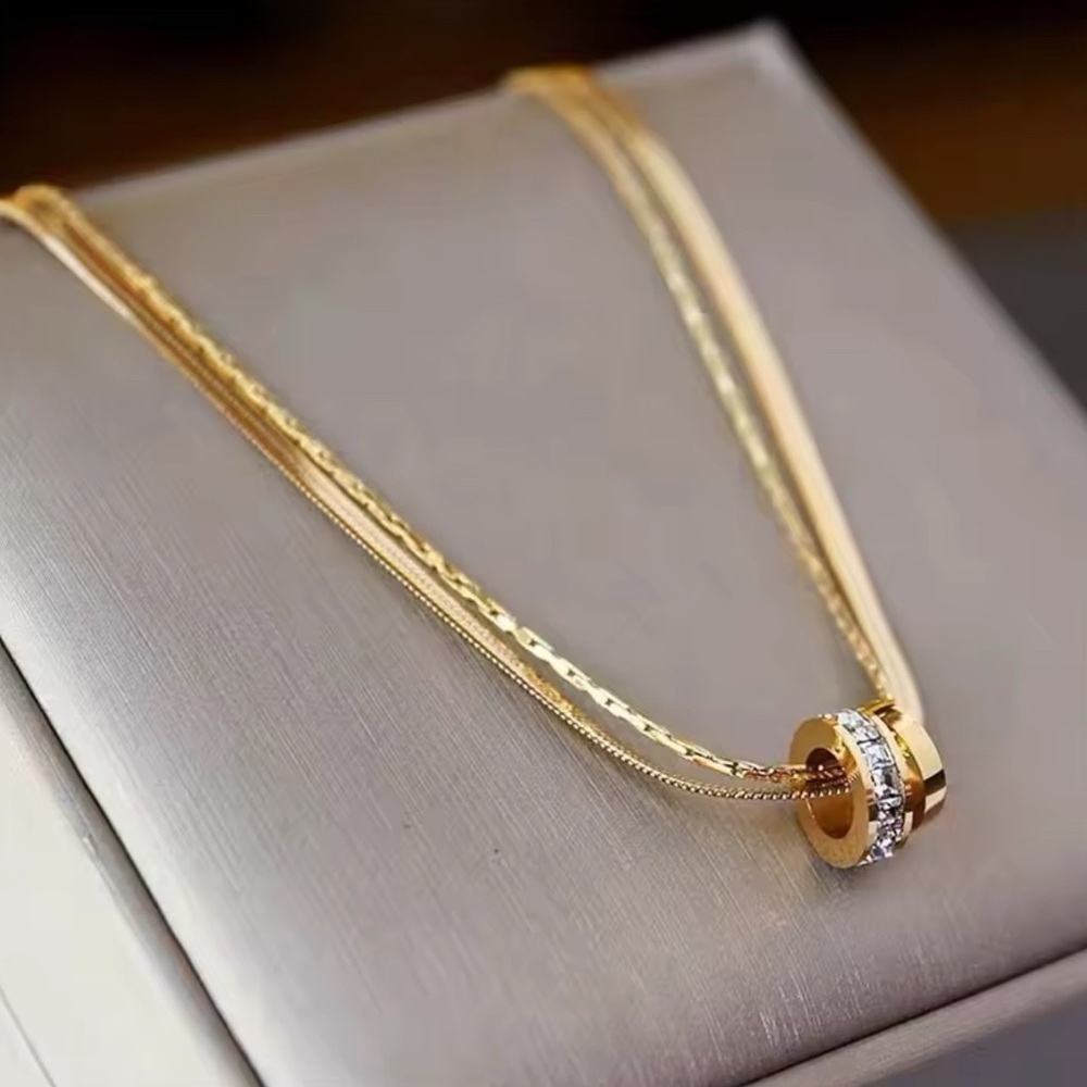 18K Gold Layered Necklace With Ring Bead Pendant Diamond Accents